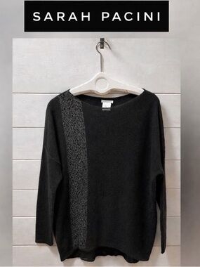 SARAH PACINI Black Knit Sweater with Textured Panel One Size
